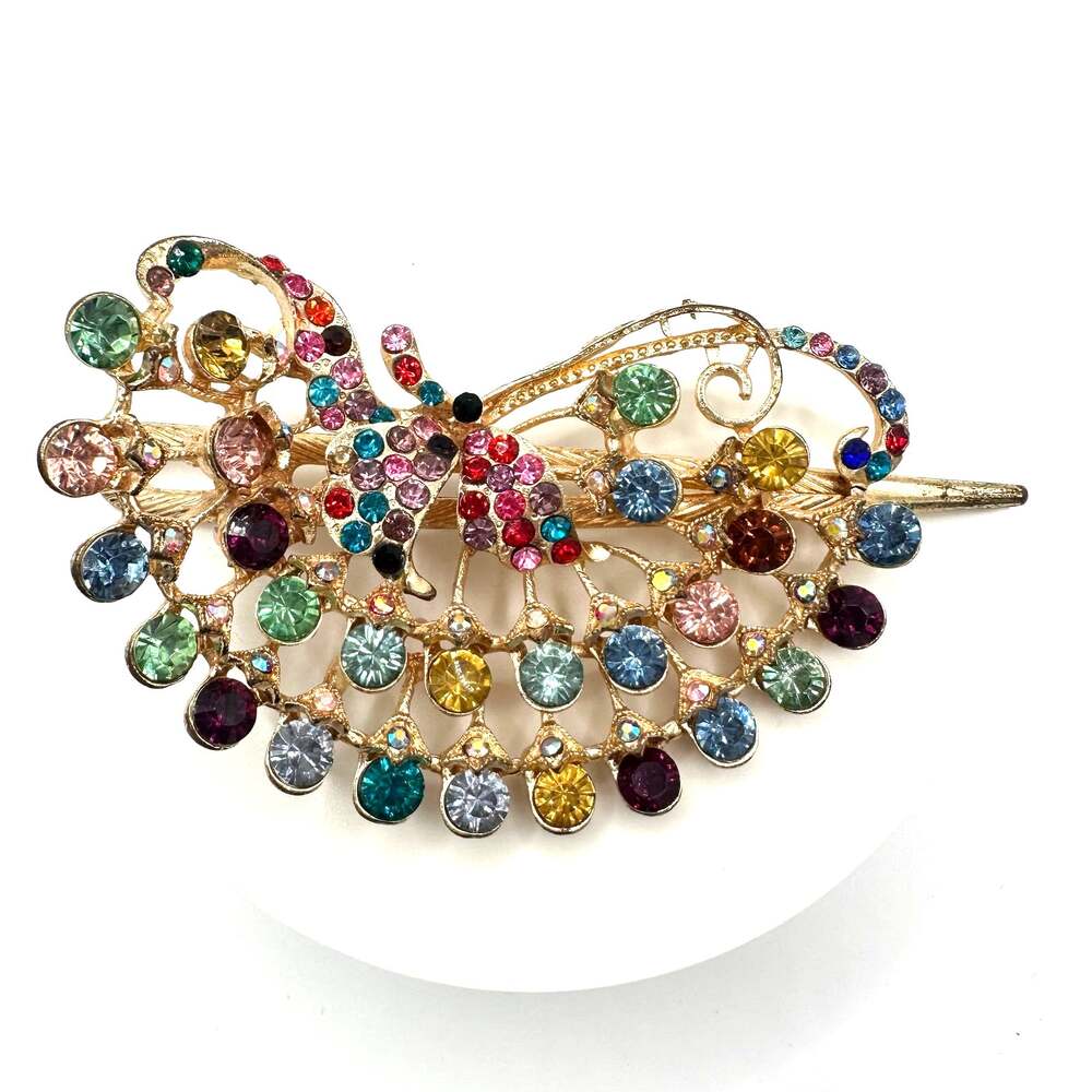 Gold tone multicolor rainbow glass rhinestones barrette hair clip accessory